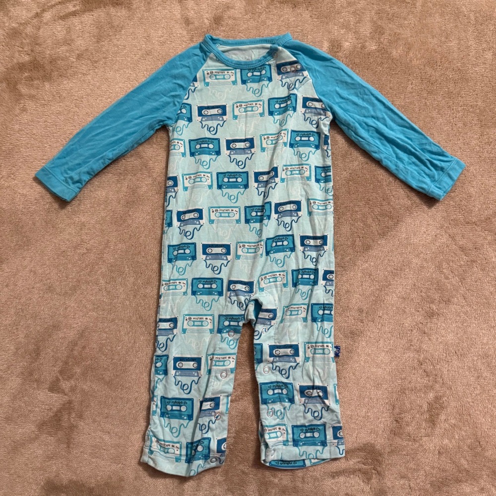KicKee Pants 80s Mixtape Cassette Bamboo Coverall Romper Blue 3-6 Months